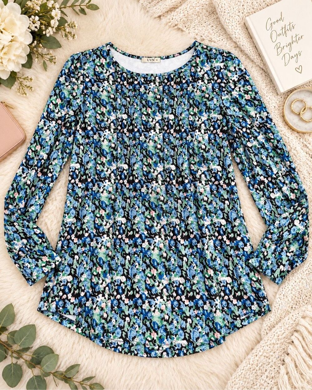 UVN Women’s Small Floral Pintuck Long Sleeve Blouse Blue Green Black Tunic Top